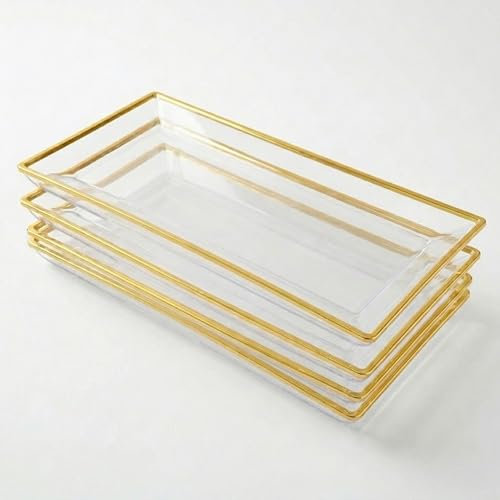 Clear Plastic Serving Tray (4-Pack) Clear Gold Rim Disposable Serving Trays & Platters for Food - Versatile for Appetizers and Ideal for Weddings, 14" x 7.5" Platters for Serving Food - color: Clear Gold Rim, size: 4 Pack