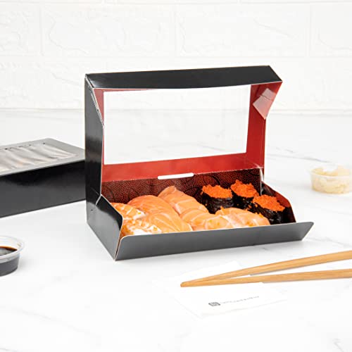Restaurantware Sakura Vision 8 x 4.8 x 1.8 Inch Sushi Boxes 50 Disposable Take Out Boxes - Built-In Lid Clear Window Black Paper Rectangle Boxes For Sushi Maki Or Sashimi - size: Large