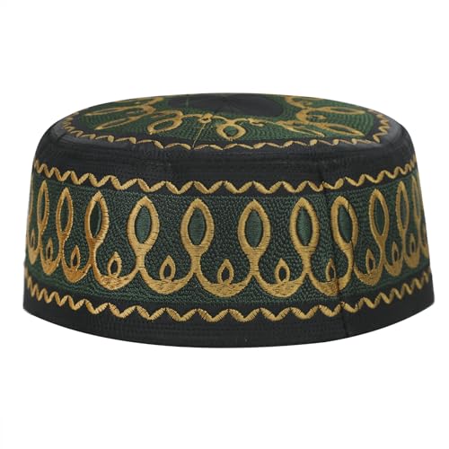 RUIXIA Men Boys Muslim Prayer Kufi Hat Skull Cap Embroidery Islam Kufi Headware takke Praying Beanie Hat Kofia Topi Hat - color: Green/Yellow--kids 7-10yrs