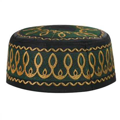 RUIXIA Men Boys Muslim Prayer Kufi Hat Skull Cap Embroidery Islam Kufi Headware takke Praying Beanie Hat Kofia Topi Hat - color: Green/Yellow--kids 7-10yrs