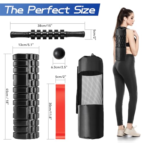 Krightlink 5-in-1 Foam Roller Set, Massage Roller Stick, Massage Ball, Resistance Band for Deep Muscle Massage, Trigger Point Release, Pilates, Yoga (Black-18(5 in 1)) - color: Black-18"(5 in 1)
