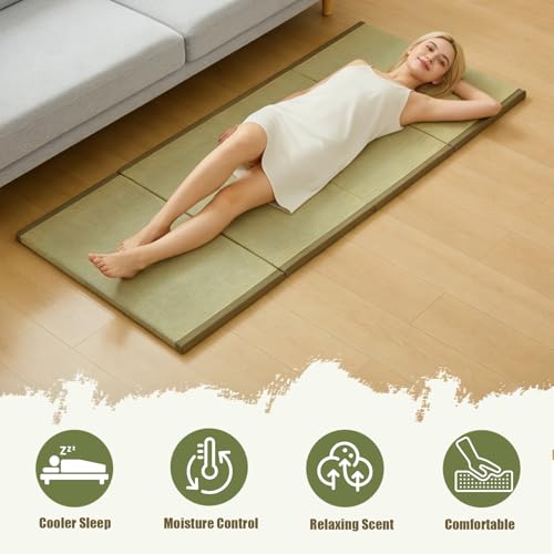HAGiHARA Japanese Tatami Mat,Rush Grass Portable Folding Mat,Futon Mattress Traditional Floor for Meditation,Yoga,Sleeping or Summer Use,35.4"x78.7"x0.8" - size: Twin