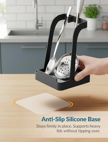 NiHome Pot Lid & Spoon Rest, Diatomite Tray Ladle Holder, Stove Top, Black | Quick-Absorb Diatomite Base & Anti-Slip Silicone Pad Keep Counters Dry While Holding Lids & Utensils Upright - color: Medium Black, size: with diatomite