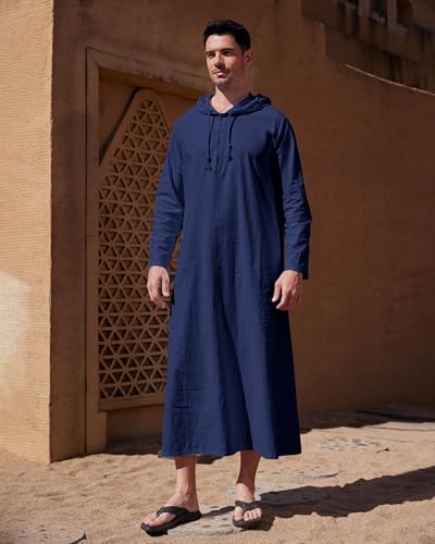 YAOHUOLE Long Sleeve Kaftan Thobe Button down Men Thobe with Pocket Big and Tall Kaftan Muslim Men Thobe - color: Navy, size: X-Large