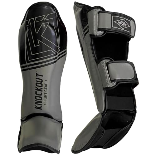 Muay Thai Shin Guards MMA Martial Arts -Padded, Adjustable Leg Guards with Instep Protection for Training and Sparring Gear Kickboxing Equipment – Durable, Professional - color: Black/Gray, size: Small-Medium