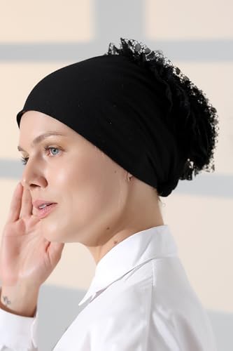ihvan online Hijab Cap, Head Scarf Beanie, Volumizing Non Slip Head Wraps for Women, Hijab Undercap with Tie-Back Closure - color: Black