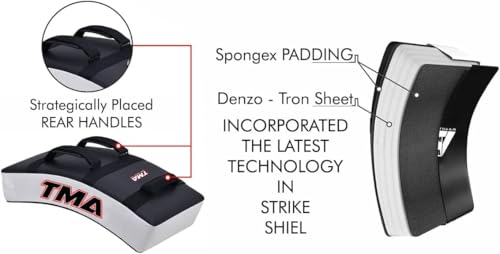 TMA Kick Shield Muay Thai Kickboxing, Heavy Curved Kicking Striking Body Pad, Target MMA Boxing Training, Kickboxing Body Shield, 3 Padded Handles, Karate Kicking Pads, Sparring Sheild - color: Black/White