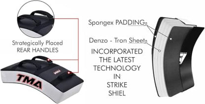 TMA Kick Shield Muay Thai Kickboxing, Heavy Curved Kicking Striking Body Pad, Target MMA Boxing Training, Kickboxing Body Shield, 3 Padded Handles, Karate Kicking Pads, Sparring Sheild - color: Black/White