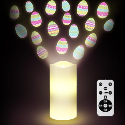 Baquler Easter Egg Projector Light Decor Easter Flameless Candle Spring Home Decor LED Candle Battery Operated Night Light with Remote and Timer Egg Hunt Party Basket Gifts for Spring Farmhouse Table - style: Easter Egg