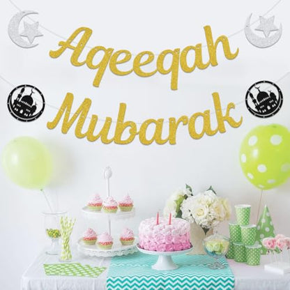 Aqeeqah Mubarak Banner - Eid Party Decorations - Muslim Islam Eid Festival Party Supplies Gold - size: Aqeeqah Mubarak