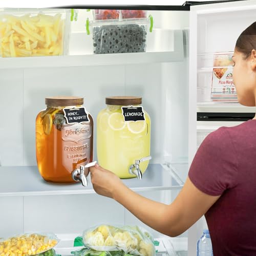Mustry Glass Drink Dispenser with Acacia Lid, 1 Gallon, Set of 2 | Lemonade & Sun Tea | Glass Beverage Dispenser for Parties and Gatherings | Removable Stainless Steel Spigot - size: Double