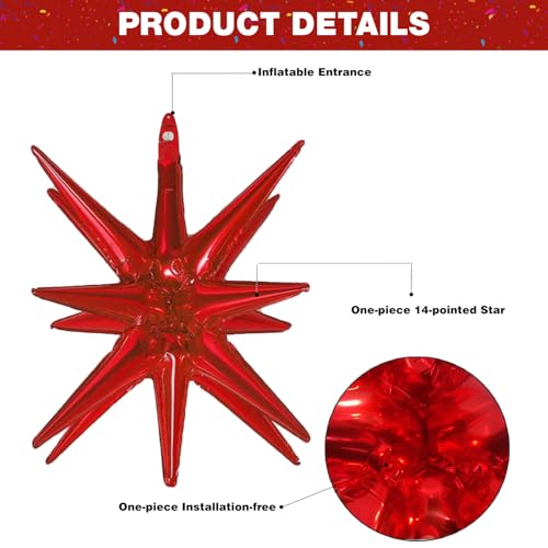 6 Pcs Red Star Foil Balloons One-Piece 14-Pointed Star Balloon 4D Starburst Cone Mylar Balloons 22inch Christmas Birthday Wedding Wedding Anniversary Party Supplies (22&27 Inches Red) - color: 22&27 Inches Red