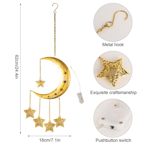 Ramadan Lights Home Decorations, Gold Metal Crescent Moon Hanging Star Lights, Battery Powered Wall Celestial Lamp, Eid Mubarak Bedroom Childrens' Room Window Door Decor, Islamic Muslim Gifts