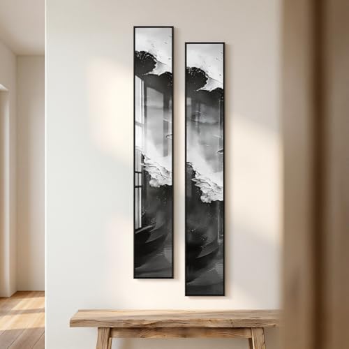 QKF 2Pcs Narrow B&W Wave Abstract Art, Alu Frame Gloss Porcel Stair Decor - color: Charcoal Black & White, size: 8" × 56"