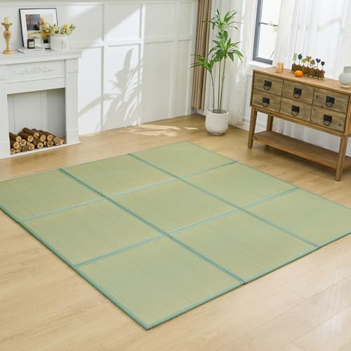 Japanese Rush Grass Tatami Mat Rug, 31.5"x31.5"x0.5",9pc,Fold DIY | Japanese Portable Firm Traditional Foldable with Non-Slip Design, Floor Padding for Crawling and Yoga, Relaxing, Meditation