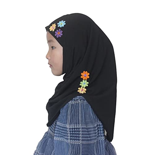 Girls Instant Hijab – Soft Kids Muslim Scarf with Flower, Breathable One-Piece Headscarf for Toddlers Age 2-8 - color: Black 1