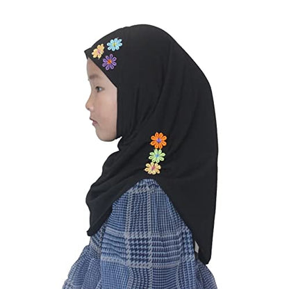 Girls Instant Hijab – Soft Kids Muslim Scarf with Flower, Breathable One-Piece Headscarf for Toddlers Age 2-8 - color: Black 1