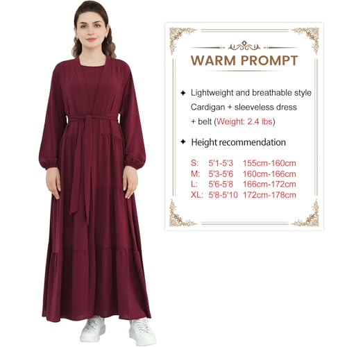 Women Muslim Abaya Dress 2PCS Soft Flowing Cardigan Dress Set Islamic Dubai Modest Kaftan Prayer Robe - color: Wine Red, size: X-Large