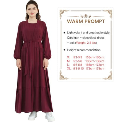 Women Muslim Abaya Dress 2PCS Soft Flowing Cardigan Dress Set Islamic Dubai Modest Kaftan Prayer Robe - color: Wine Red, size: Large