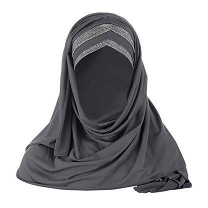 Women Soft One Piece Hijab Long Muslim Turban Islamic Full Head Scarf - color: Grey/Shiny