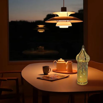Moroccan Lantern Hollow White LED Wind Lamp Wrought Iron Decorative Ramadan Lantern for Hanging or Table Home, No Battery