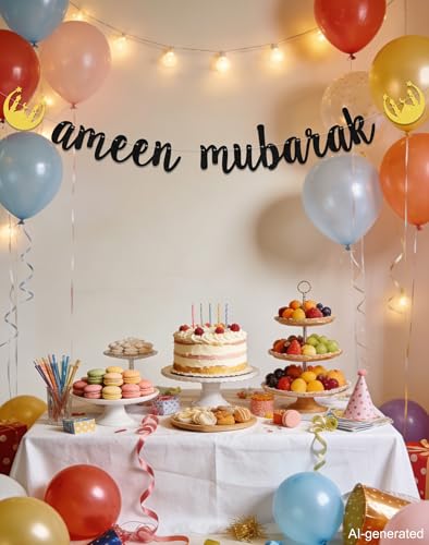 Ameen Party Decorations - Ameen Mubarak Banner - Eid Muslim Islam Party Decoration Black Glitter