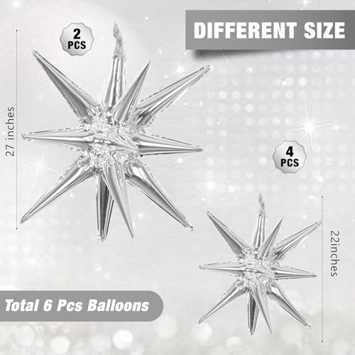 6 Pcs Silver Star Foil Balloons One-Piece 14-Pointed Star Balloon 4D Starburst Cone Mylar Balloon 22inch Christmas Birthday Wedding Wedding Anniversary Party Supplies (22&27 Inches Silver) - color: 22&27 Inches Silver