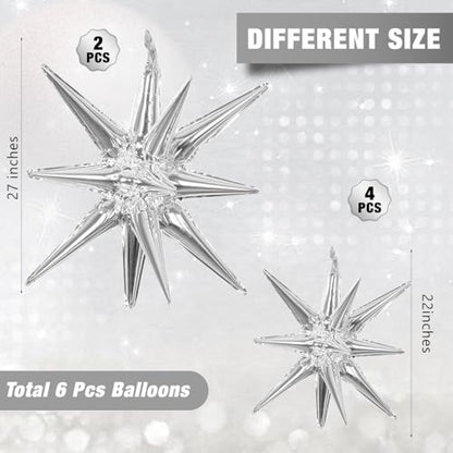 6 Pcs Silver Star Foil Balloons One-Piece 14-Pointed Star Balloon 4D Starburst Cone Mylar Balloon 22inch Christmas Birthday Wedding Wedding Anniversary Party Supplies (22&27 Inches Silver) - color: 22&27 Inches Silver