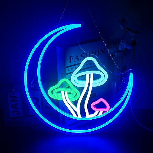 Moon Mushroom Neon Sign Blue Moon Neon Lights for Wall Decor Mushroom Light Up Signs USB LED Signs for Girls room Living Room Kids Room Home Bar Party Shop - color: Moon Mushroom