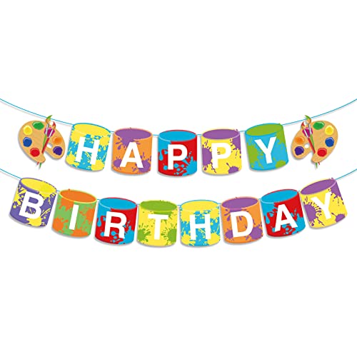 Watercolor Painting Happy Birthday Banner Artistic Painting Party Hanging Banner Art Draw Theme Birthday Bridal Wedding Baby Shower Boys Girls Kids Home Classroom Party Supplies Decoration - color: Watercolor Painting