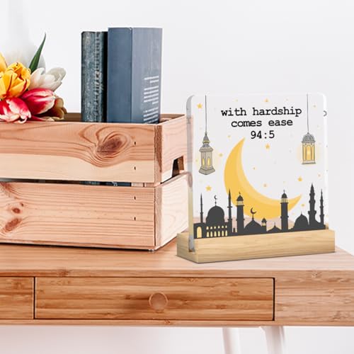 Mubarak Islamic With Hardship Comes Ease Acrylic Sign Decor Ramadan Mubarak Table Decor Muslim Gifts Acrylic Plaque Arabic Ramadan Tree Gifts for Men Women with Wood Stand 4 X 4 Inches - style: Art Deco