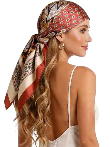 Silk-Feel 35x35 Satin Hair Scarf | Multi-Way Head Wrap for Sleep, Style & Hijab | Gift-Ready Fashion Scarf for Women - color: Orange-totem