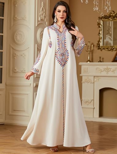 ABEWIP Muslim Dresses for Women Ramadan Kimono Long Sleeve Embroidered Islamic Prayer Dress Turkey Dubai Eid Abaya Kaftan - color: Apricot, size: Large