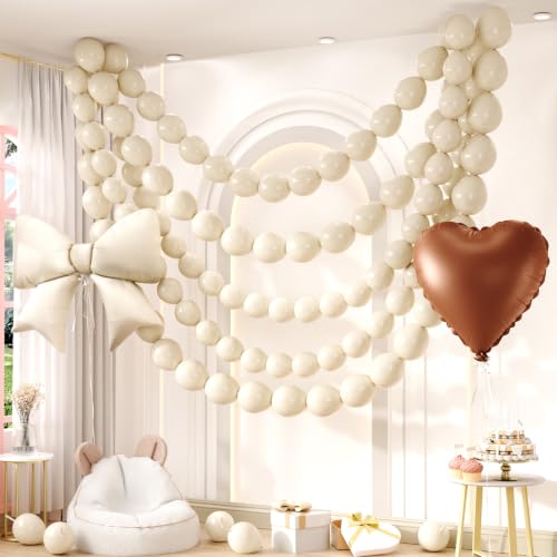 White Sand Linking Balloons, 6 Inch Quick Link Balloons, White Bow Balloon and Brown Cream Heart Shaped Ballon for Making Wall Arches, for Birthday Baby Shower Valentines Wedding Party Decorations - color: Sand White and Brown