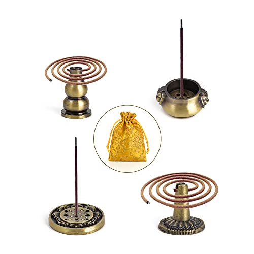 Sakura Flower Incense Holder, 5PCS Bronze Incense Burner Holder with Silk Pouch, Bowl-Shape, Lotus Multihole, Cone Shape and Gourd-Shape Ash Catcher Yoga Room Living Room Bedroom Home Fragrance - color: Bronze, 5 Pcs