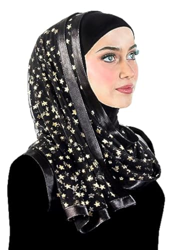Stylish Mona Hijab Women's Black Kuwaiti with Chiffon Wrap Shawl & Satin Trim - color: Black With Gold Stars