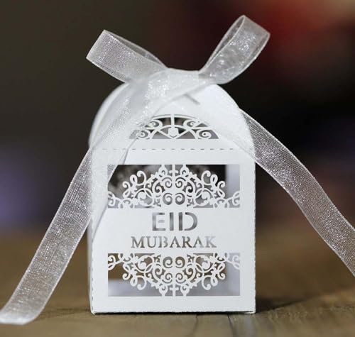 Steedna 50 Pack Square Chocolate Gift Box Hollow Out EID Wedding Party Favors Laser Cut Candy Boxes MUBARAK Party Favors Chocolate Box Ideal for Weddings, Birthdays & Anniversaries (White) - color: White