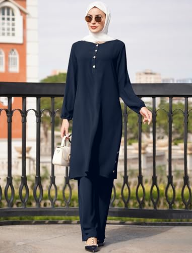 2 Piece Abaya for Women Muslim Long Sleeve Loose Top Pants Set Casual Eid Ramadan Outfits Dubai Islamic Muslim Clothes - color: Dark Blue, size: Small