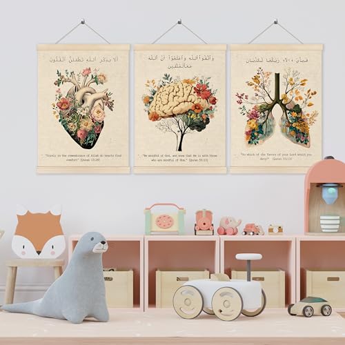 HUGANE Islamic Quran Verse Anatomy Wall Art Poster Hanger Frame, Floral Heart Brain Lungs Anatomical Canvas Prints Framed Hanging Wall Decor for Medical Office School Home, 12x16 Inch Set of 3