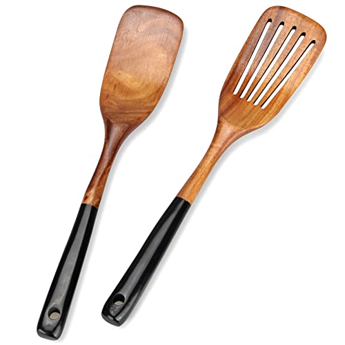 Wooden Spatula Set for Cooking Spoon Non Toxic Teak Kitchen Utensils Turner | Flat Wood Wok Spatula Bamboo Spoon for Cooking Utensil Set Spurtle Scraper Slotted Pancake Turner Fish Egg Flipper Spatulas - color: 2Pcs-Black
