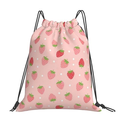Unisex Polyester Drawstring Bag Cute Pink Strawberry Polka Dot, Large Capacity Gym Sack for Swimming and Beach Activities - color: Pattern (373)