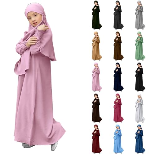2PCS Girls Muslim Abaya Prayer Dress with Hijab Solid Color Islamic Middle East Arab Dubai Dress Ramadan Eid Burqa Clothes - color: A-pink, size: 3-4T