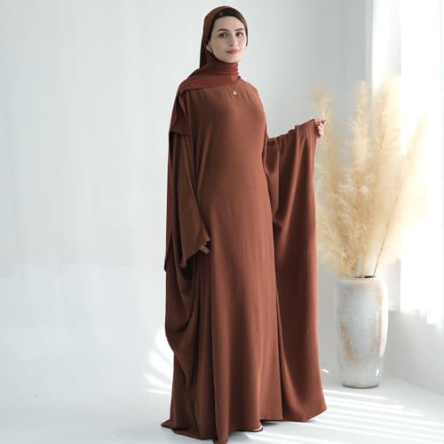 Women Muslim Abaya Dress 1Piece Bat Sleeve Islamic Maxi Robe Fashion Jilbab for Women Eid Kaftan Muslim Robe - color: Browna, size: Large
