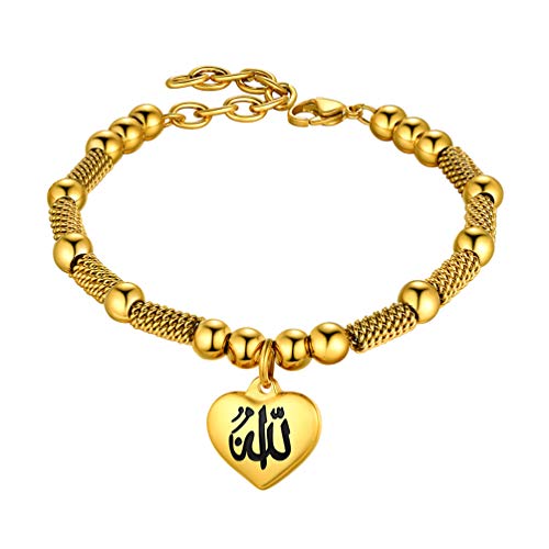 PROSTEEL Allah Bracelet, Muslim Islamic Jewelry Religious Islam Arabic God Charm Stainless Steel Beads Chain Bracelet, fits wrist from 5.9'' to 7.9'', Come with Box - color: 01 gold-allah heart