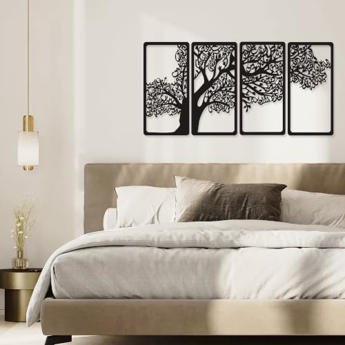 YATEASLU 4 Quls Islamic Wall Art Set - Metal Arabic Calligraphy Decor | Set of 4 matte black metal surah tree plaques.Features Al-Falaq,An-Nas,Al-Kafirun,Al-Ikhlas.Pre-drilled with screws.