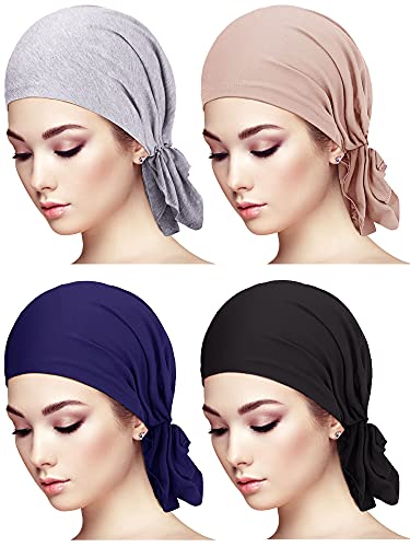 4 Pieces Slip-On Pre-Tied Head Scarves Women Headwear Turban Beanie Caps Head Wrap Headscarf for Women - color: Grey, Camel, Navy Blue, Black