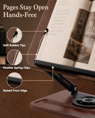 Adjustable Book Stand for Reading with Light, Book Holders for Reading Hands Free, Ergonomic Reading Stand for Cookbooks,Bibles,Laptop & Tablet with Page Clips & 360° Rotating Bases for Study & Office