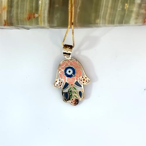 14K Solid Gold Pendant Necklace Hand-Painted Abstract Hamsa Hand and Allah Calligraphy (Evil Eye) - Gift for Men, Women, Daughter, Son, Unisex Adults, Kids - color: Orange Evil Eye in Hamsa Hand, style: Pendant w/ Cuban Link 16"