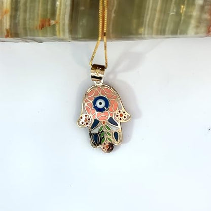 14K Solid Gold Pendant Necklace Hand-Painted Abstract Hamsa Hand and Allah Calligraphy (Evil Eye) - Gift for Men, Women, Daughter, Son, Unisex Adults, Kids - color: Orange Evil Eye in Hamsa Hand, style: Pendant w/ Cuban Link 16"