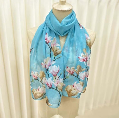 Xyueanlo Women's Chiffon Scarf Lightweight Scarves Fashion Elegant Floral Print Scarfs Shawls - color: Flower Blue